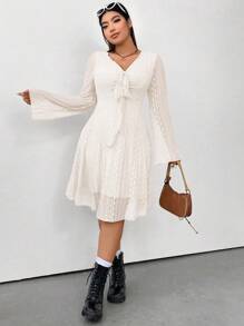 Vionelle Vintage Plus Size Women's Front Knot Dress Fall Cloth For Women - White - View 3