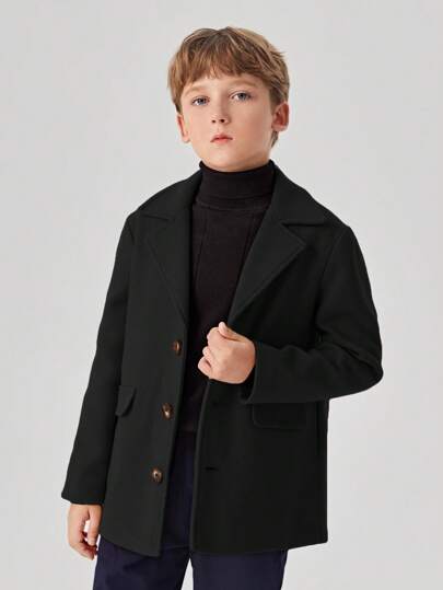 SHEIN Tween Boys'Casual And Comfortable Solid Color Formal Casual Jacket, British Style;Black;Boys Winter Clothes;Boys Fall Clothes