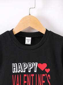 Young Boy Valentine's Day Love Slogan Print Round Neck T-Shirt - Black - View 4