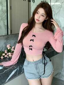 DAZY Của phụ nữ Quần skinny Áo thun Với Chi tiết cung - Hồng - Xem 4
