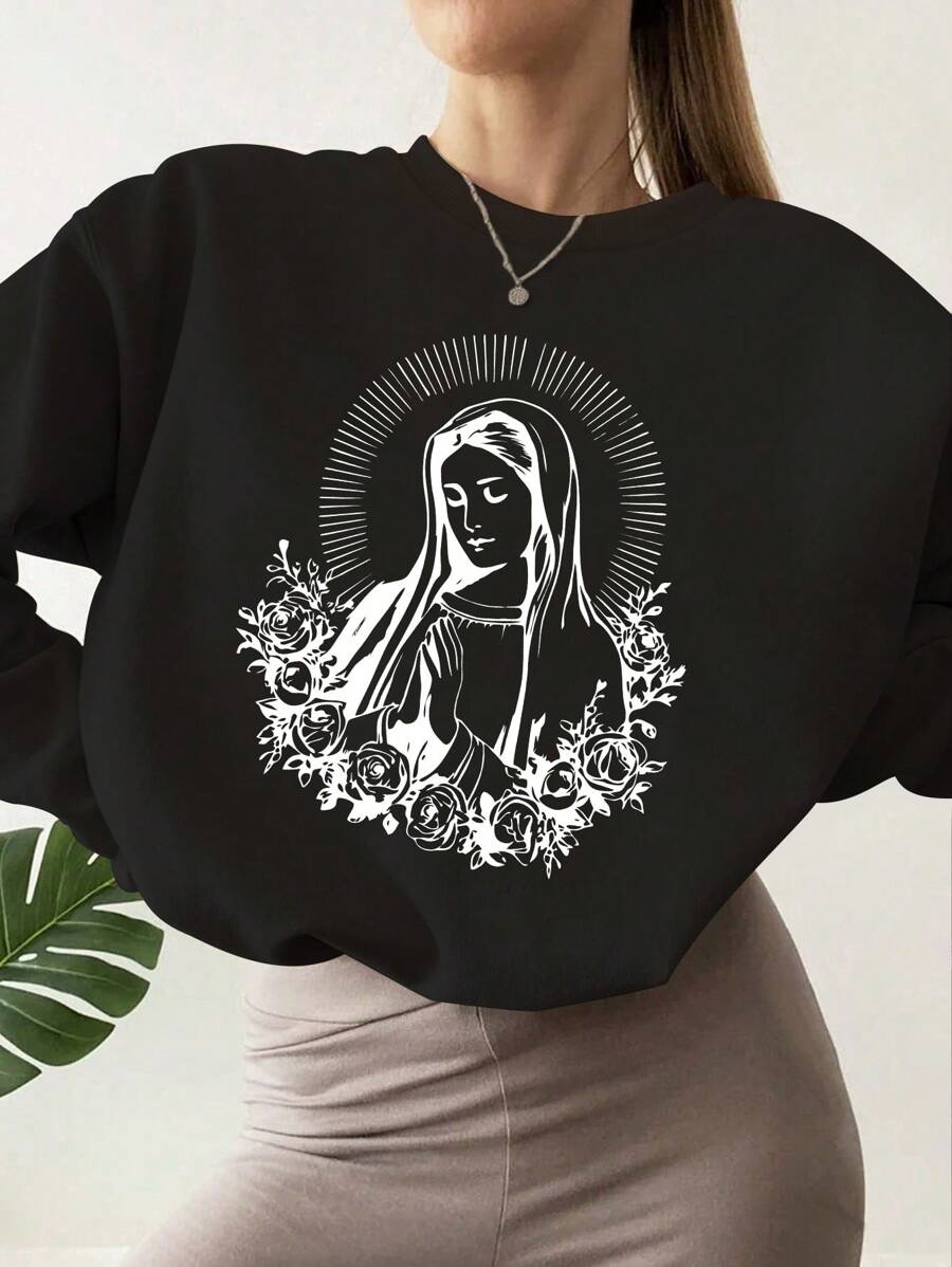 SHEIN EZwear 女士花卉聖母印花圓領運動衫 - 黑色 - 查看 1