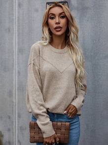 SHEIN LUNE 休閒純色落肩毛衣 - 駝色 - 查看 5