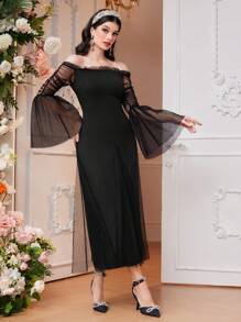 Modelyn Off-Shoulder Mesh Trumpet Sleeve Dress Long Evening Dresses - Black - View 3