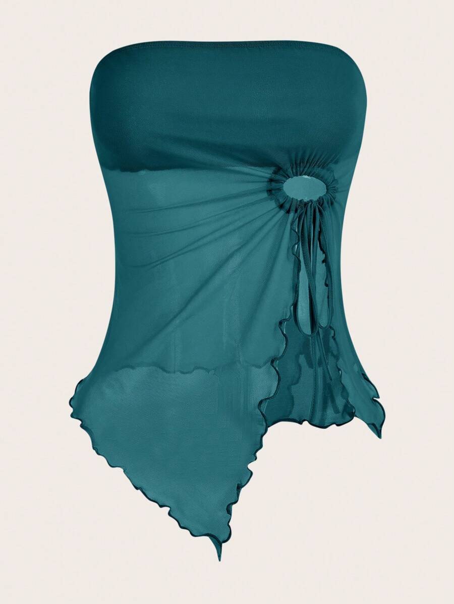 SHEIN ICON Lettuce Trim Decorated Strapless Top - Teal Blue - View 1