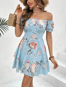 SHEIN VCAY 女士短袖花卉印花洋裝 - 藍色 - 查看 3