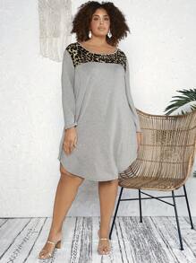 SHEIN CURVE+ Plus Size Leopard Print Patchwork Dress With Asymmetric Hemline - Light Grey - View 5