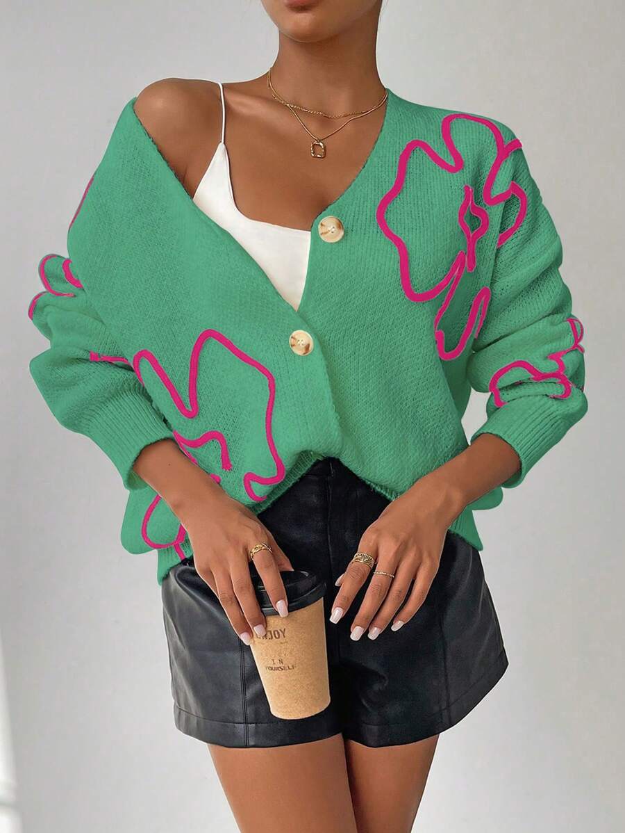SHEIN Frenchy Mô hình hoa Nút Lên Áo len Mở Áo len - màu xanh lá - Xem 1