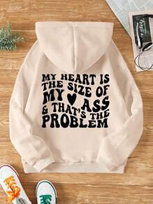 SHEIN EZwear 大码女式保暖内衬卫衣，心形印花，带抽绳 - 杏色 - 查看 1