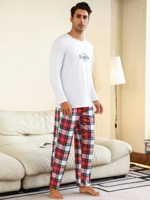 男士字母與格紋印花睡衣套裝 - 白色 - 查看 3
