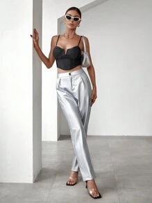 Chiquease High-Waisted Suit Pants With Slanted Pockets - Silver - View 4