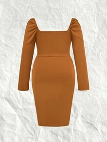 Flirla 女式大尺碼雞心領羊腿袖連身裙 - 棕色 - 查看 2