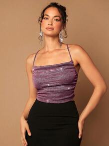 SHEIN BAE Draped Crisscross Backless Ruched Glitter Cami Top - Mauve Purple - View 4