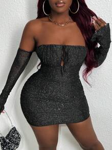 Slaydiva Slayr 性感裹胸迷你连衣裙，蝴蝶结肩带喇叭袖黑色透明网眼针织面料 - 黑色 - 查看 3