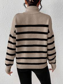 SHEIN Essnce Women'S High Neck Striped Sweater - Mocha Brown - View 2