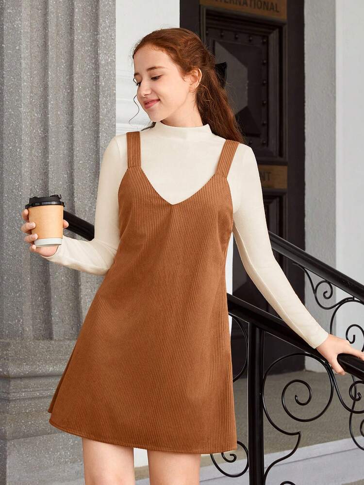 Teen Girls' Ribbed Stand Collar T-Shirt And Corduroy Suspender Skirt Set