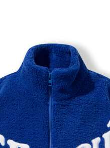 男款顏色拼接絨毛外套,繡有字母 - 藍色 - 查看 3