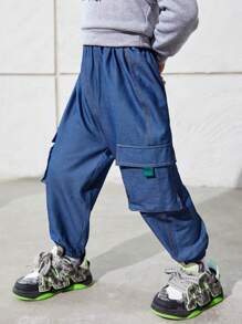 SHEIN Young Boy Casual Loose Fit Flap Pocket Jogger Pants - Light Wash - View 4