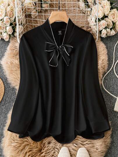 SHEIN Clasi Plus Size Women's Bow Tie Commuter Long Sleeve Shirt Fall Cloth For Women