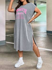 SHEIN CURVE+ 大尺碼分割式標誌圖案連衣裙 - 灰色 - 查看 2