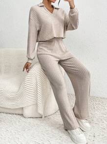 SHEIN Frenchy V領長袖t恤和褲子2入套裝 - 杏色 - 查看 6