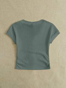 SHEIN EZwear Dệt kim Quý cô Dệt kim Waff Lưới Cổ chữ V Áo thun - Màu xanh Ô liu - Xem 2