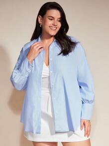 SHEIN BASICS Plus Pinstriped Drop Shoulder Shirt - Blue and White - View 6