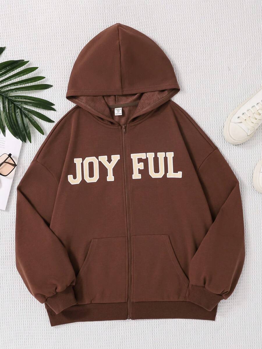 SHEIN Teenage Girls' Knitted Solid Color Hooded Sweatshirt With Letter Applique And Pockets - Brown - View 1