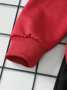 男童字母印花撞色连帽衫和运动裤套装 - 酒紅色 - 查看 4