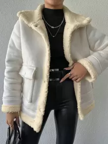 EURMUSE Teddy Lined Snap Button Coat - White - View 5