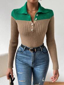 SHEIN Essnce Thon gọn Cổ áo Polo Khối màu Áo len dệt kim - Nhiều màu - Xem 6
