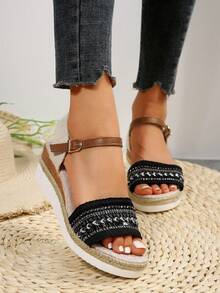 夏季新款波西米亞風格編織草坡跟女式舒適度假涼鞋 - 黑色 - 查看 3