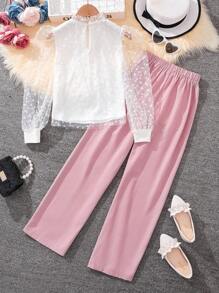 SHEIN Tween Girls Love Mesh Splicing Long Sleeve Two-Piece Set - Multicolor - View 2