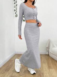 SHEIN EZwear 女款鈕扣前長袖上衣和裙子雙件套裝 - 灰色 - 查看 4