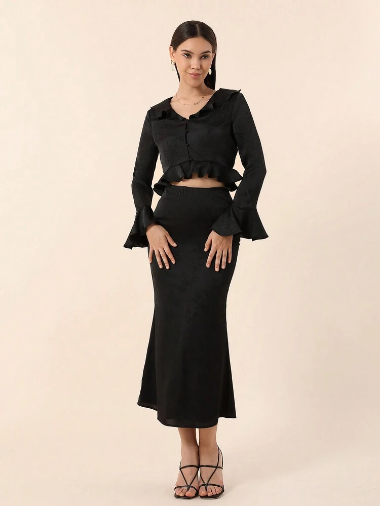 Ruffle Trim Cropped Top And Skirt Set