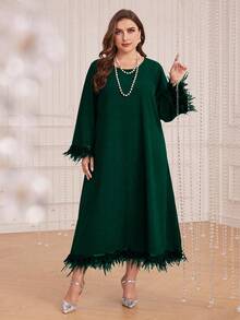 SHEIN Najma CURVE 大尺碼蓬鬆袖口和下擺拼布連身裙 - 墨綠色 - 查看 5