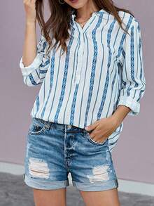 女用條紋長袖襯衫 - 藍色 - 查看 1