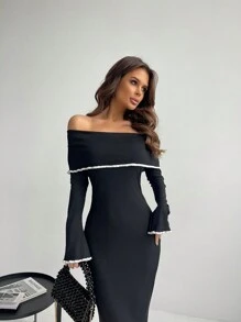 Aloruh Women's Ruffled Sleeves & Fish Tail Style Bodycon Dress With Color Block Details And Off Shoulder Design With Sleeves,Tea Party Dress