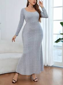 SHEIN Privé 加大尺寸純色肋編魚尾擺連衣裙 - 灰色 - 查看 4