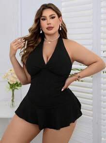 SHEIN Swim Curve 女款大尺碼掛脖無袖比基尼套裝 - 黑色 - 查看 6