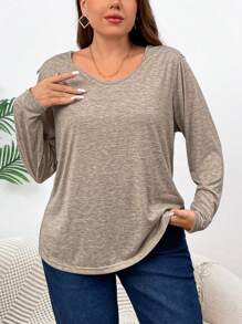 SHEIN Frenchy 大尺碼女款長袖t恤,背部襯有網紗拼接設計 - 卡其色 - 查看 3