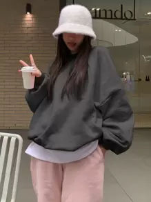 DAZY 秋冬女士宽松圆领纯色保暖内衬运动衫 - 深灰色 - 查看 4