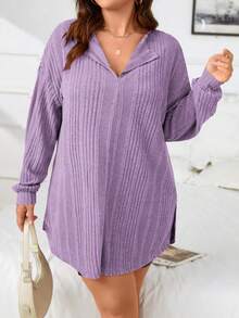 SHEIN Essnce Women'S Plus Size Ribbed Long Sleeve T-Shirt - Mauve Purple - View 3