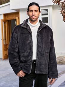 Manfinity Homme 男式超大号法兰绒拉链夹棉大衣 - 深灰色 - 查看 5