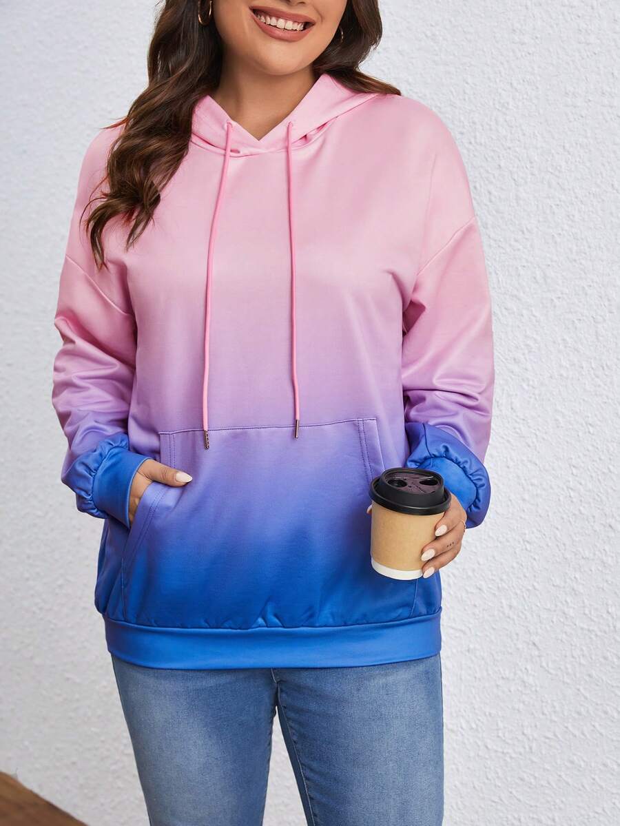 SHEIN LUNE Áo nỉ dây rút phối màu gradient cỡ lớn - Bụi hồng - Xem 1