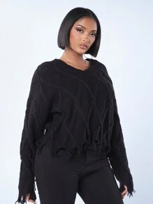 SHEIN SXY 破洞v領紋理花紋長袖毛衣 - 黑色 - 查看 6