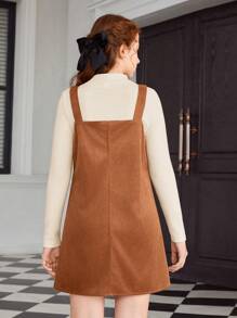 Thiếu niên Cô gái Sọc Đứng cổ áo Áo thun Và Vải to sợi Váy yếm Bộ - Màu be - Xem 2