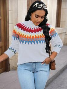 Calvaya Áo len dài tay cổ đứng họa tiết hình học cỡ lớn, thích hợp mặc mùa thu đông. - trắng - Xem 5