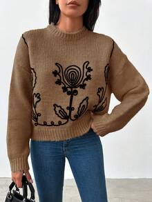 EURMUSE Của phụ nữ Hình hoa Thả vai Áo len - Lạc đà - Xem 4