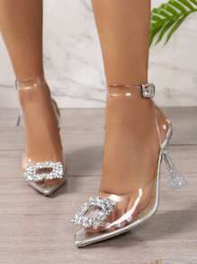 Women's Rhinestone Decor Clear High Heel Sandals, Elegant Pointed Toe Crystal Transparent High Heels 9cm For Parties, Women's Summer Closed Toe Silver Clear Heel Sandals, Clubwear,Elegant,Party - Clear - View 2