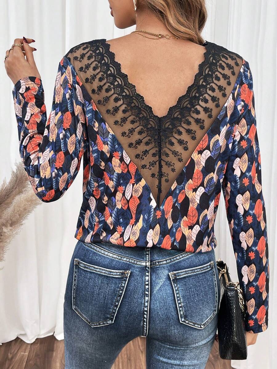 SHEIN Frenchy Leaf Printed Lace Back Panel T-Shirt - Multicolor - View 1